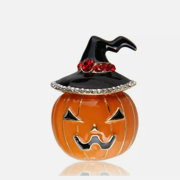 Gold plated red and white crystal Jack o lantern witch necklace/brooch - Picture 12 of 16